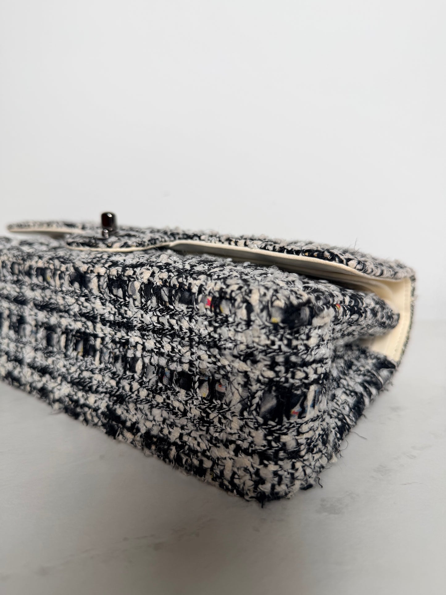 Chanel Medium Tweed Double Flap Bag | Black & White Tweed | Ruthenium Hardware | Classic CC Turnlock
