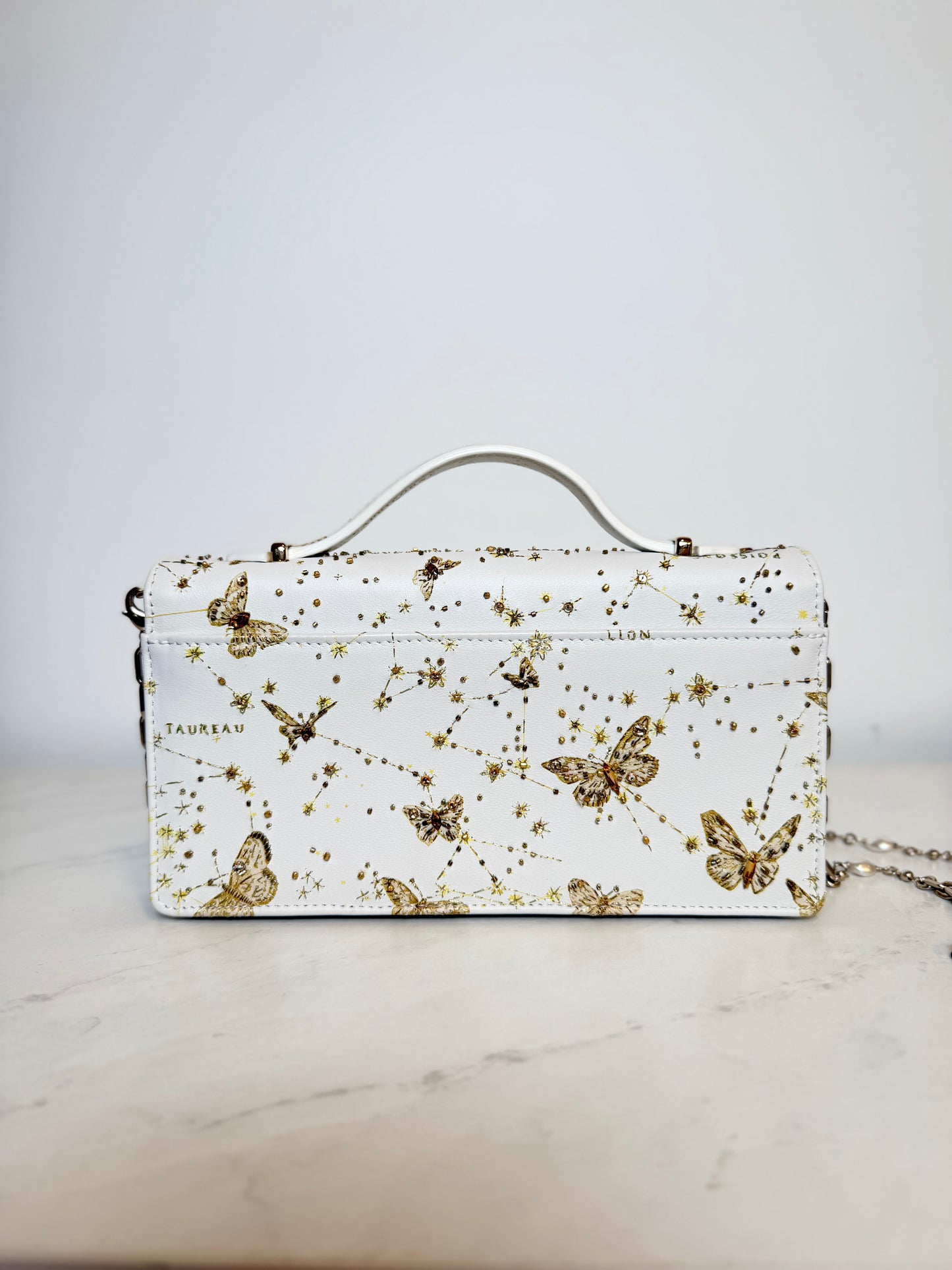 Dior Lady Dior East-West Chain Clutch | White Leather | Gold Hardware | Butterfly & Constellation Motif
