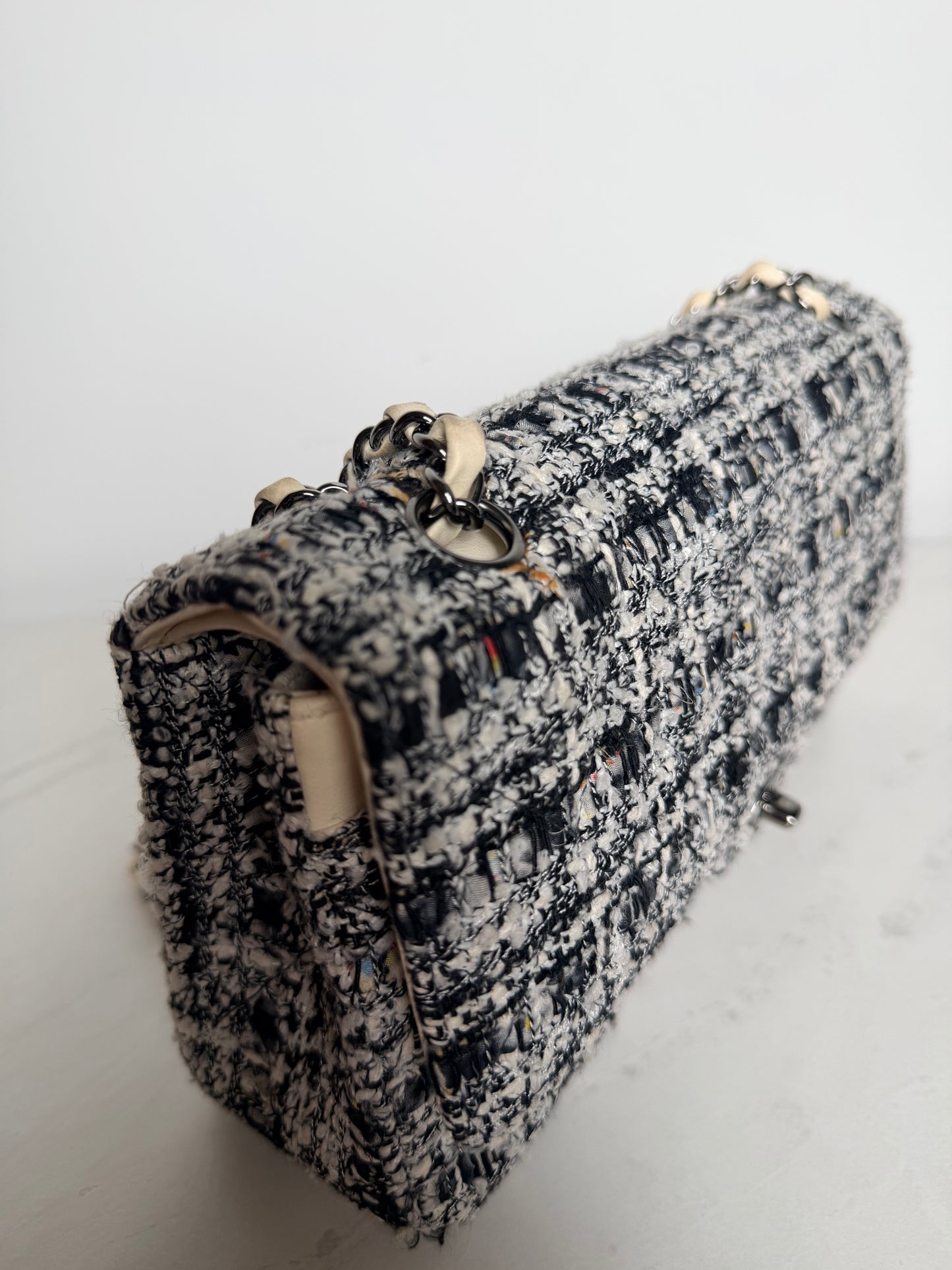 Chanel Medium Tweed Double Flap Bag | Black & White Tweed | Ruthenium Hardware | Classic CC Turnlock