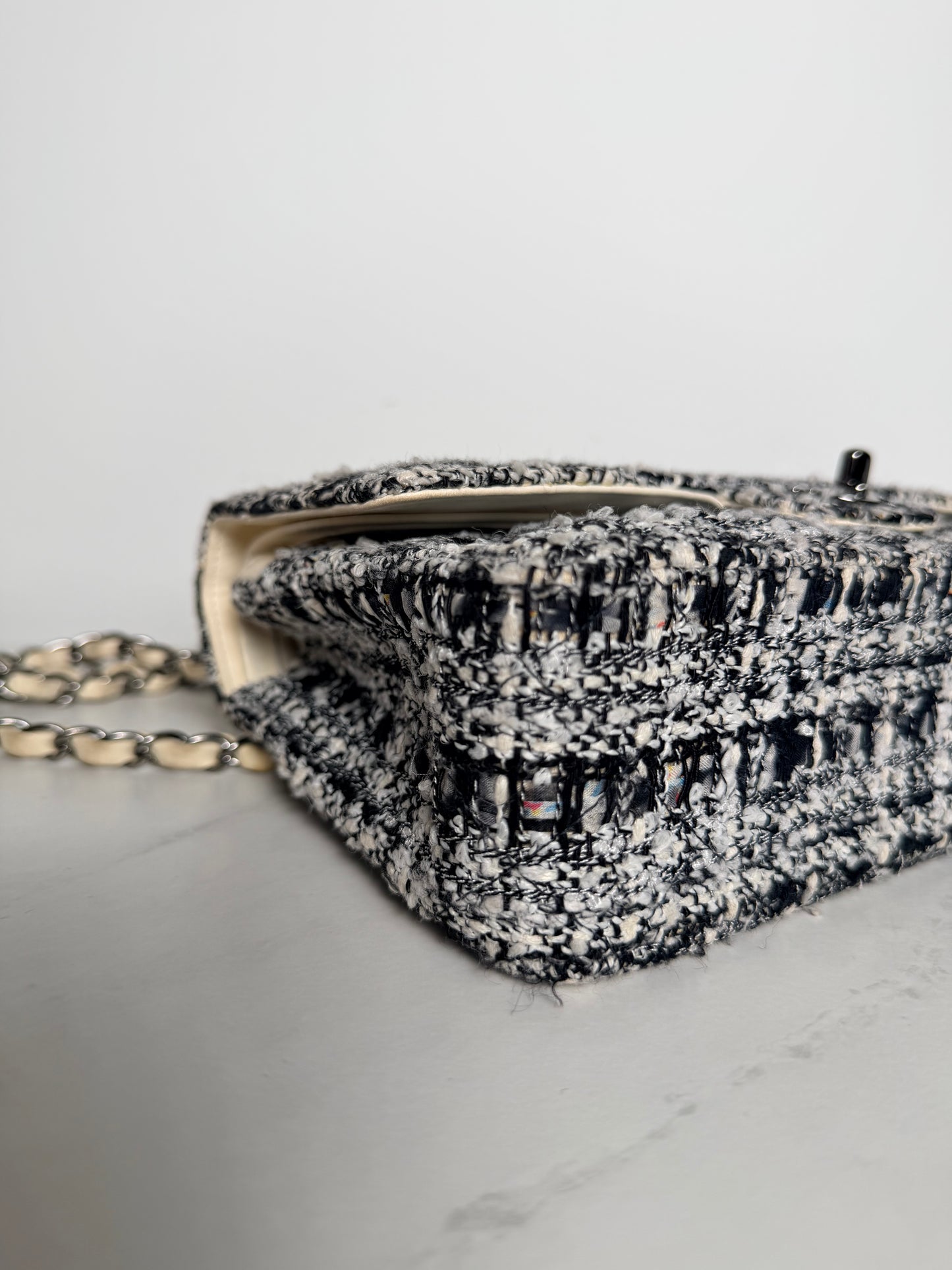 Chanel Medium Tweed Double Flap Bag | Black & White Tweed | Ruthenium Hardware | Classic CC Turnlock