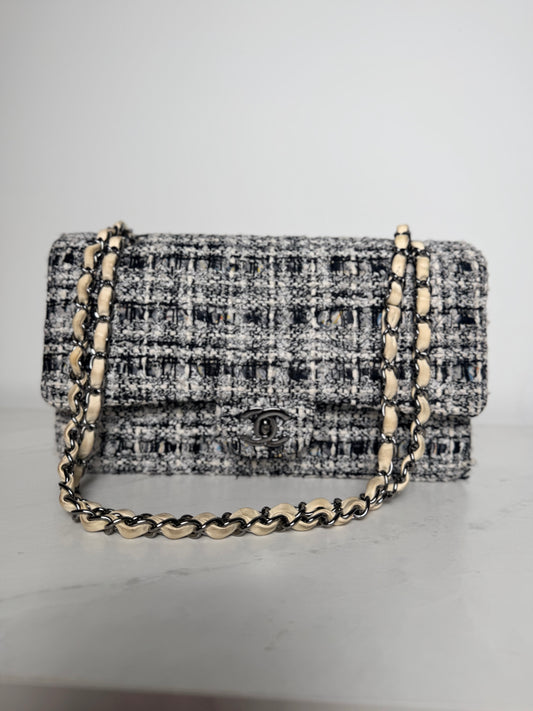 Chanel Medium Tweed Double Flap Bag | Black & White Tweed | Ruthenium Hardware | Classic CC Turnlock