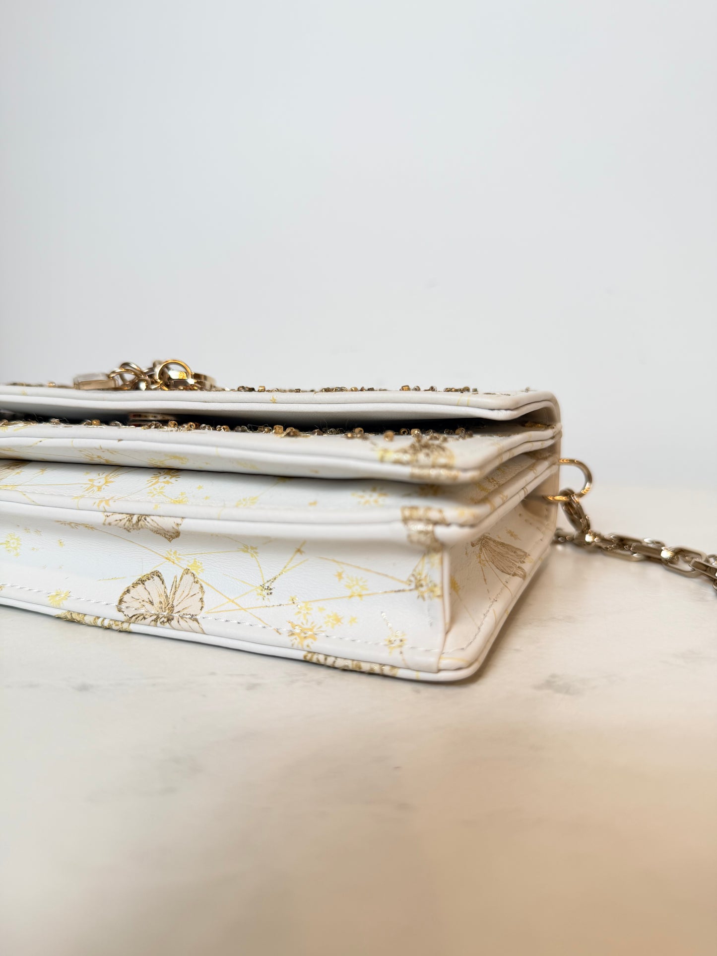 Dior Lady Dior East-West Chain Clutch | White Leather | Gold Hardware | Butterfly & Constellation Motif