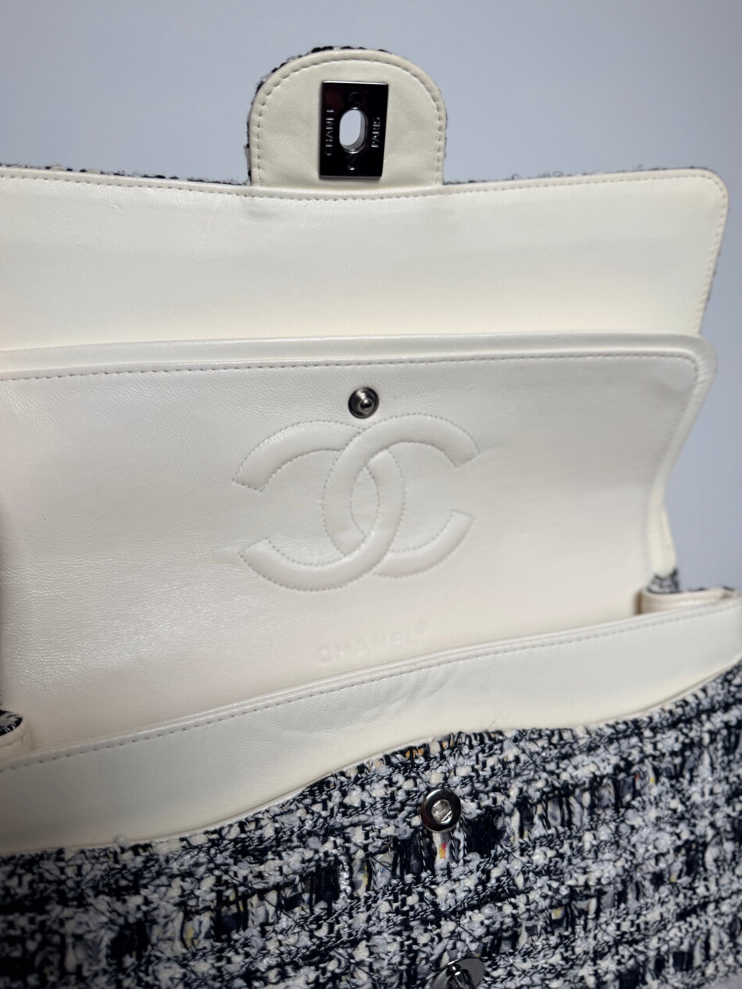 Chanel Medium Tweed Double Flap Bag | Black & White Tweed | Ruthenium Hardware | Classic CC Turnlock