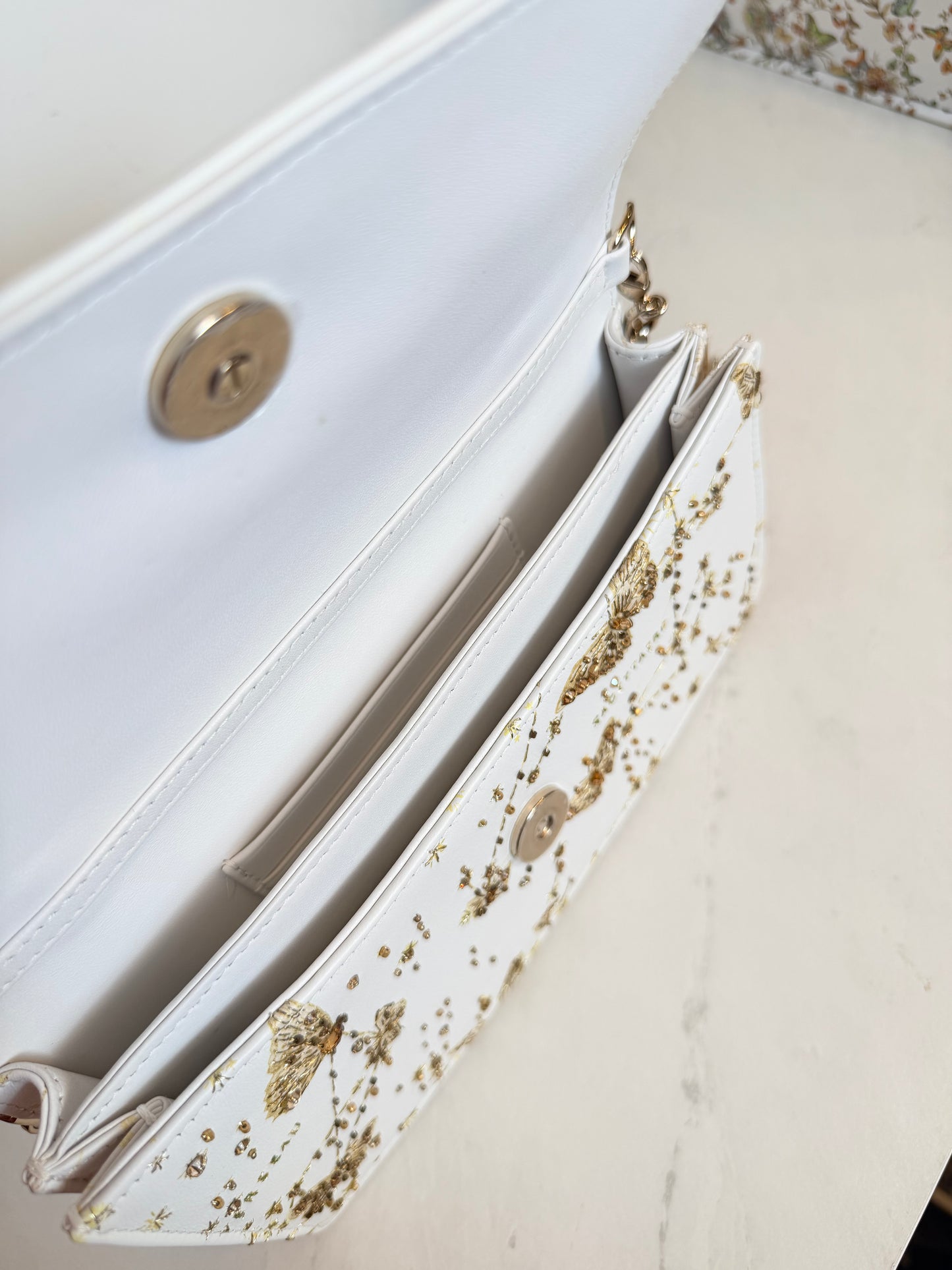 Dior Lady Dior East-West Chain Clutch | White Leather | Gold Hardware | Butterfly & Constellation Motif