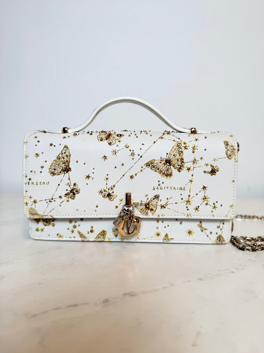 Dior Lady Dior East-West Chain Clutch | White Leather | Gold Hardware | Butterfly & Constellation Motif