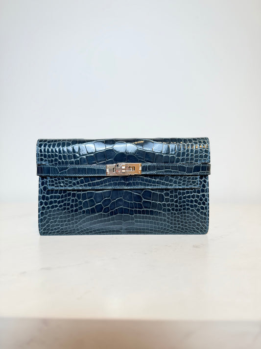 Hermès Kelly Wallet Shiny Alligator | Palladium Hardware | Bleu Tempête