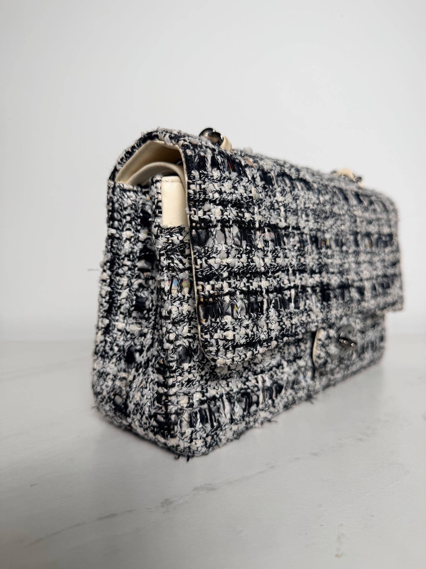 Chanel Medium Tweed Double Flap Bag | Black & White Tweed | Ruthenium Hardware | Classic CC Turnlock