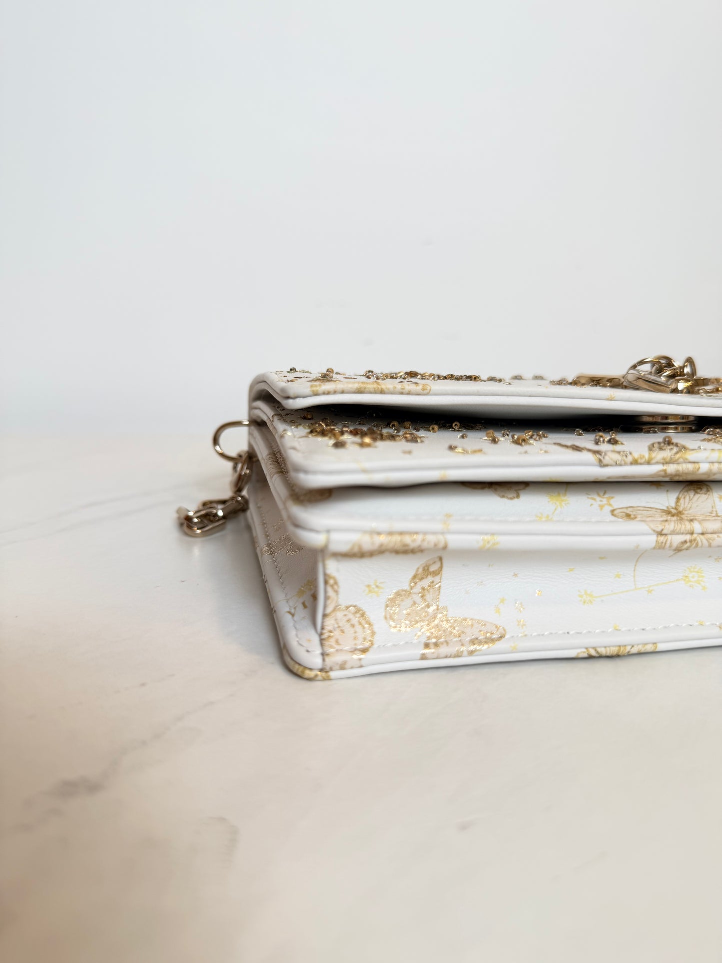 Dior Lady Dior East-West Chain Clutch | White Leather | Gold Hardware | Butterfly & Constellation Motif