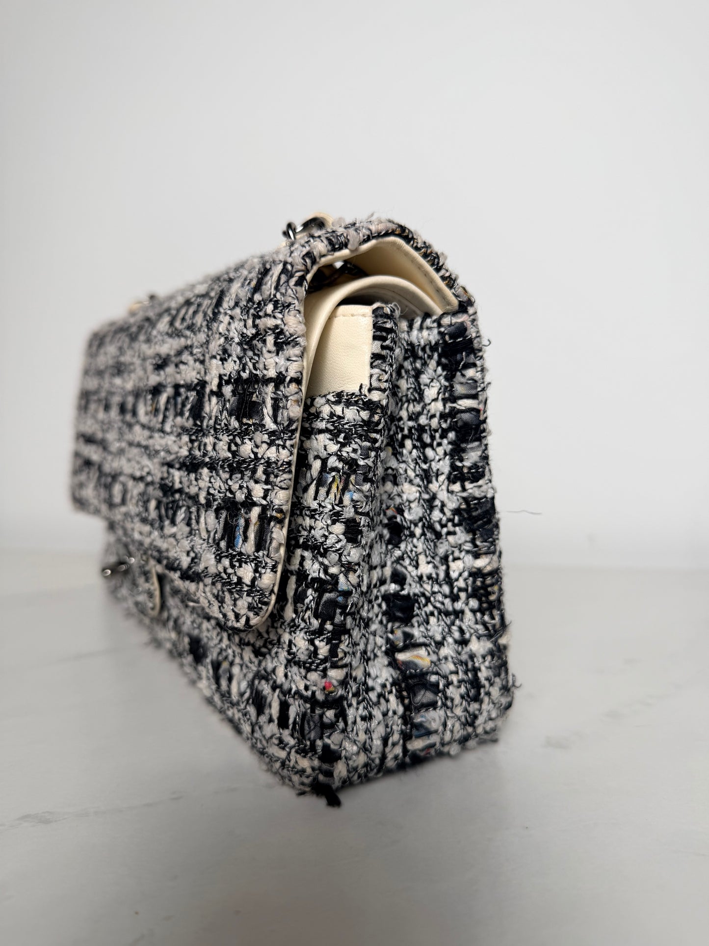 Chanel Medium Tweed Double Flap Bag | Black & White Tweed | Ruthenium Hardware | Classic CC Turnlock