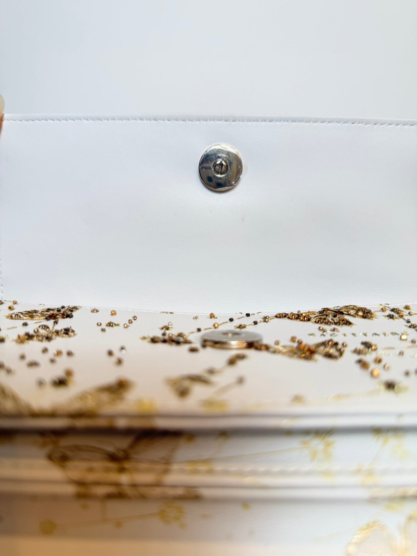 Dior Lady Dior East-West Chain Clutch | White Leather | Gold Hardware | Butterfly & Constellation Motif