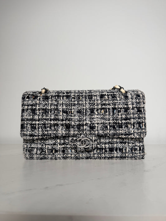 Chanel Medium Tweed Double Flap Bag | Black & White Tweed | Ruthenium Hardware | Classic CC Turnlock