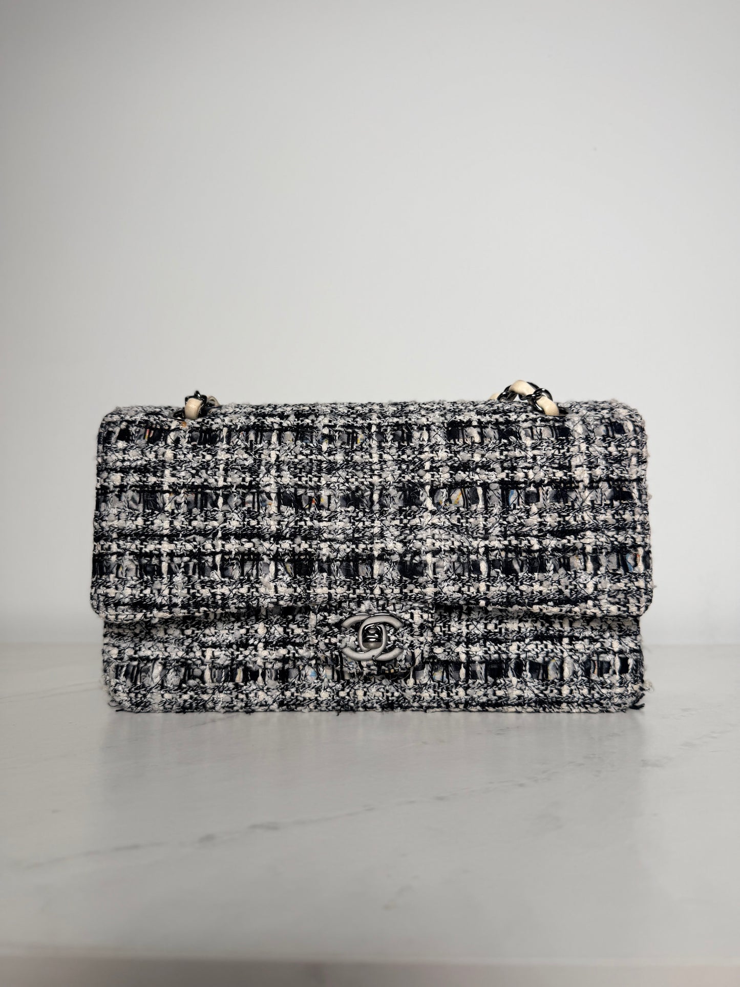 Chanel Medium Tweed Double Flap Bag | Black & White Tweed | Ruthenium Hardware | Classic CC Turnlock