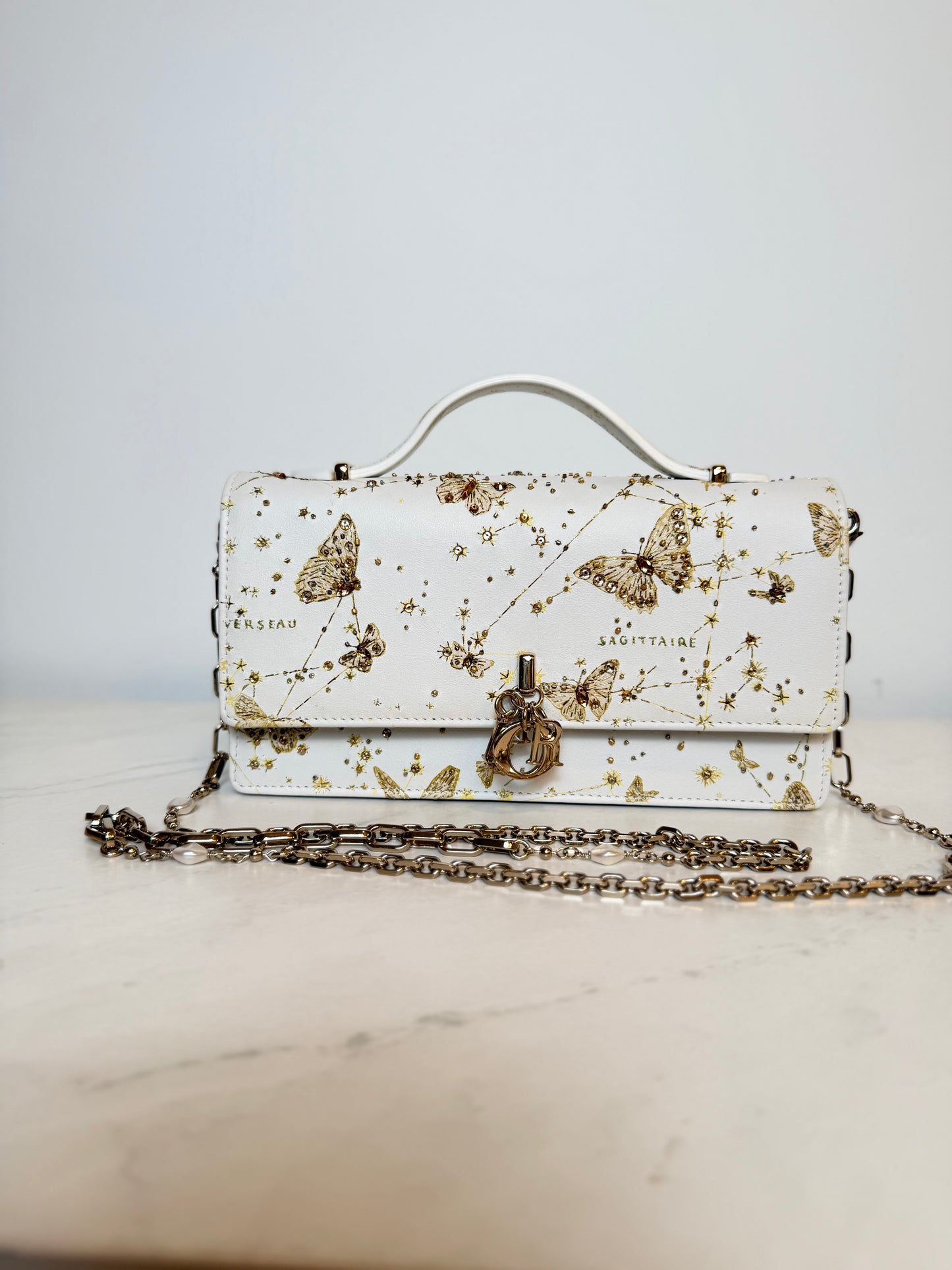 Dior Lady Dior East-West Chain Clutch | White Leather | Gold Hardware | Butterfly & Constellation Motif