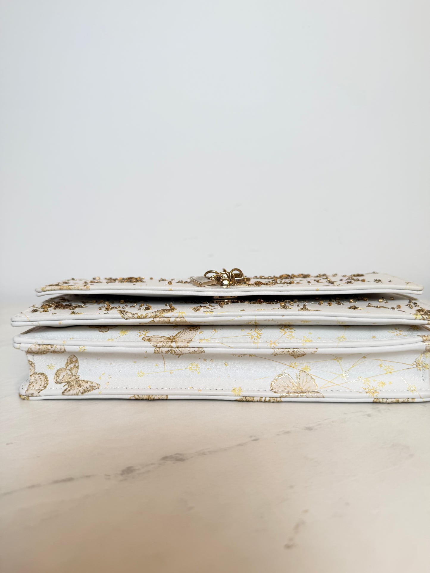 Dior Lady Dior East-West Chain Clutch | White Leather | Gold Hardware | Butterfly & Constellation Motif