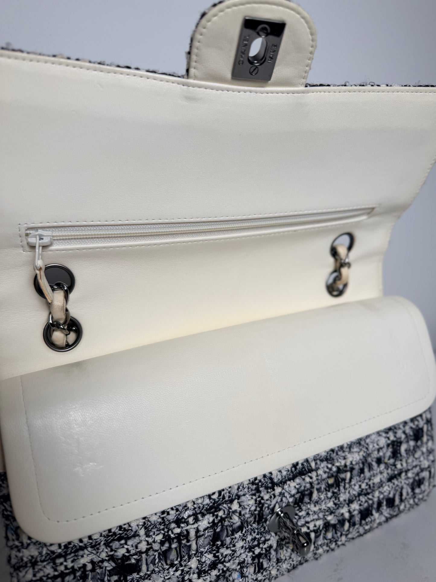 Chanel Medium Tweed Double Flap Bag | Black & White Tweed | Ruthenium Hardware | Classic CC Turnlock