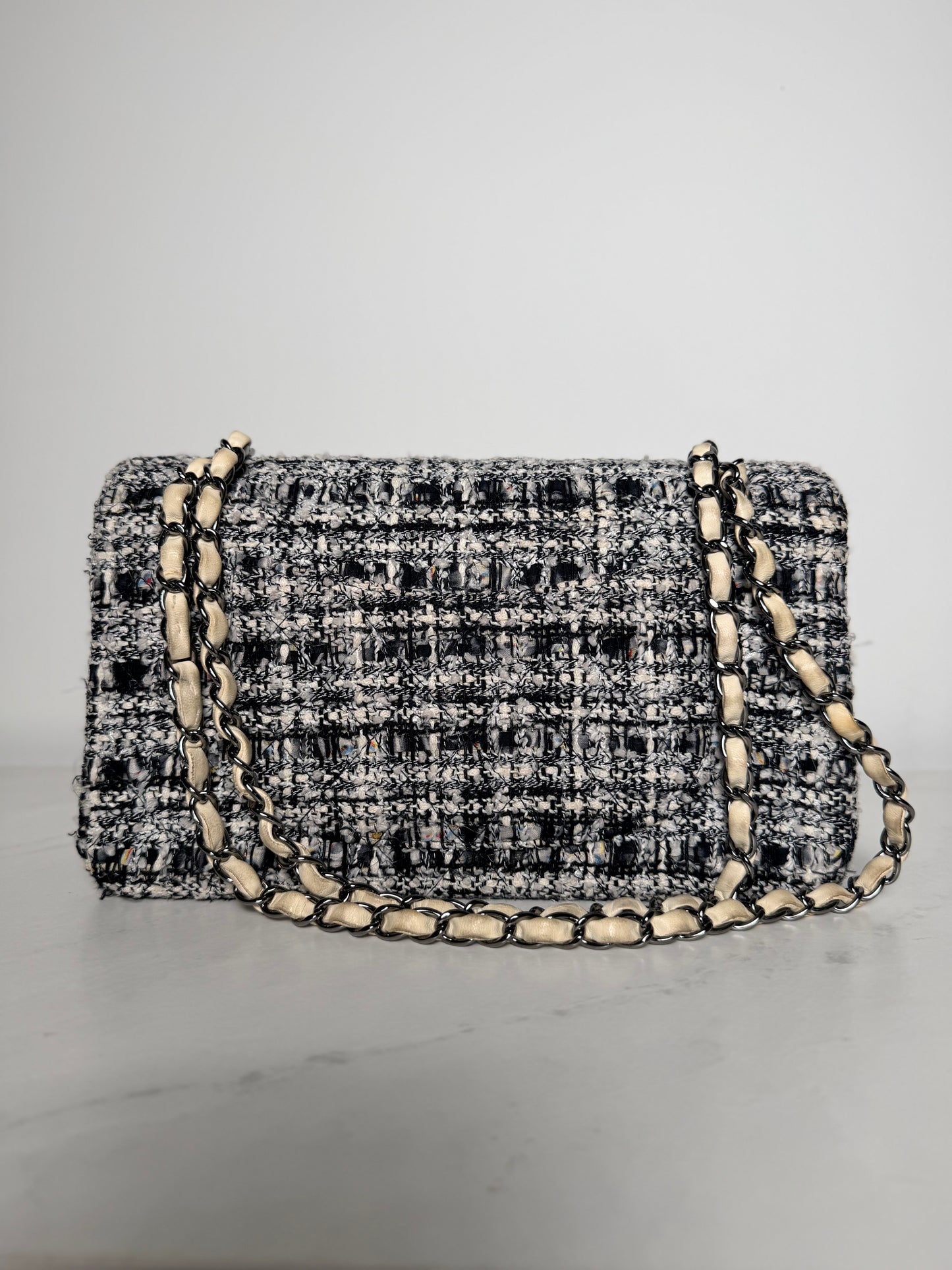 Chanel Medium Tweed Double Flap Bag | Black & White Tweed | Ruthenium Hardware | Classic CC Turnlock