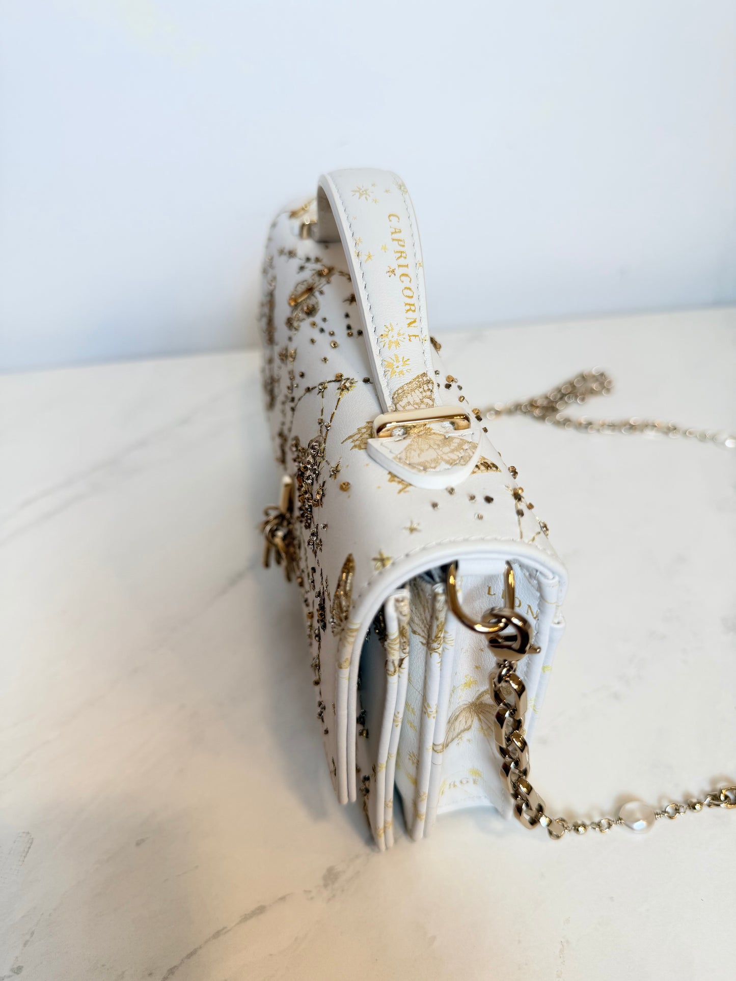 Dior Lady Dior East-West Chain Clutch | White Leather | Gold Hardware | Butterfly & Constellation Motif